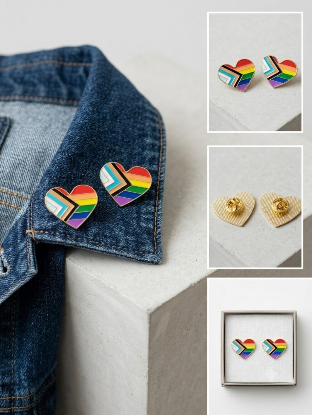 Set of 2 Heart-Shaped Progress Pride Flag Enamel Pins 🌈💖